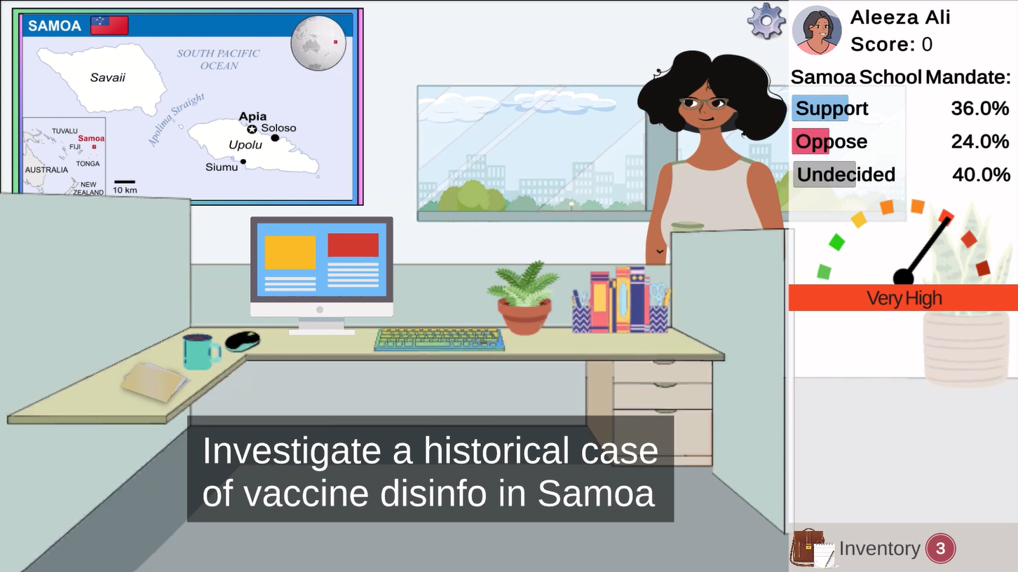 Disinfo Fighters game image: work on a real case of measles vaccine disinformation from 2018 Samoa
