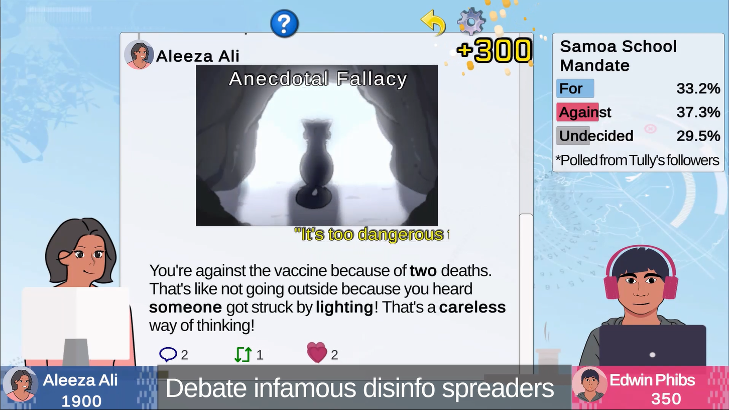 Disinfo Fighters game image: debate spreaders of vaccine disinformation and misinformation on social media.