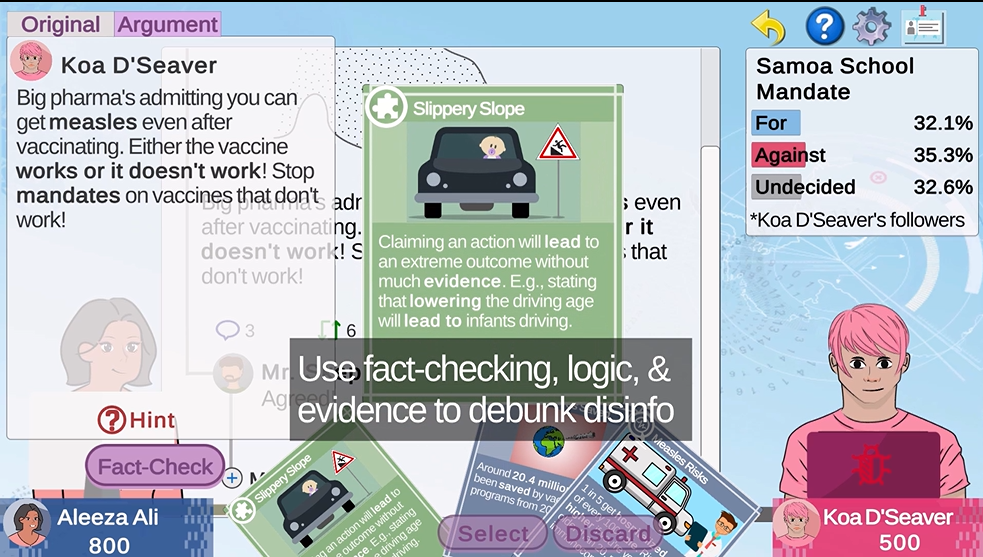 Disinfo Fighters game image: use fact-checking, logic, and scientific evidence to debunk disinformation and misinformation about vaccines.